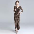 Long-sleeve Leopard Print Maxi Wrap Dress