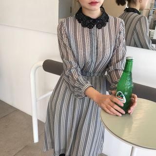 Lace Trim Long-sleeve Midi A-line Chiffon Dress As Shown In Figure - One Size