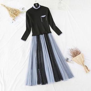 Dotted Mesh Panel Knit Maxi Dress