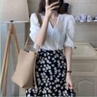 Set: Puff-sleeve Blouse + Floral Midi A-line Skirt