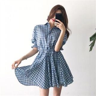 Drawcord-waist Godet-hem Plaid Mini Shirtdress