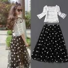 Set : Elbow-sleeve Lace Top + Dotted Mesh Skirt