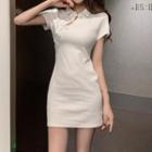Collared Frog-button Short-sleeve Mini Dress