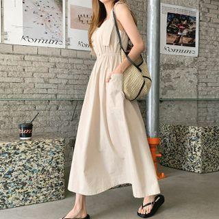 Shirred-strap Band-waist Maxi Dress