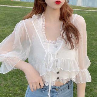 Halter-neck Lace Trim Camisole Top / Tie-front Frill Trim Light Jacket