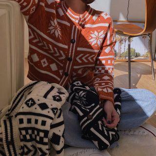 Mock-neck Nordic-pattern Cardigan
