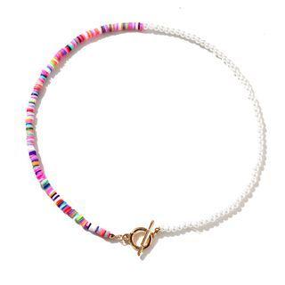 Bead Necklace C10-02-34 - Pink & White & Gold - One Size
