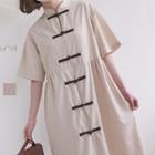 Elbow-sleeve Frog Buttoned Dress