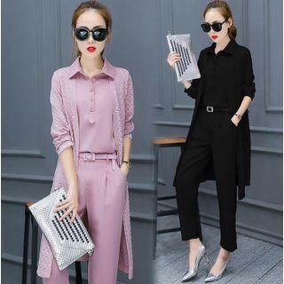 Set: Pointelle Knit Long Cardigan + Shirt + Cropped Straight Leg Pants