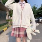 Long-sleeve Plain Shirt / Mini Pleated Skirt / Cardigan / Tie / Set