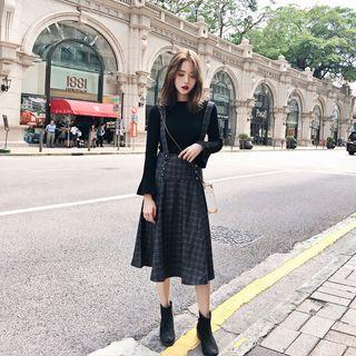 Set: Bell-sleeve Top + A-line Plaid Jumper Dress