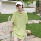 Embroidered Elbow-sleeve T-shirt Dress Green - One Size