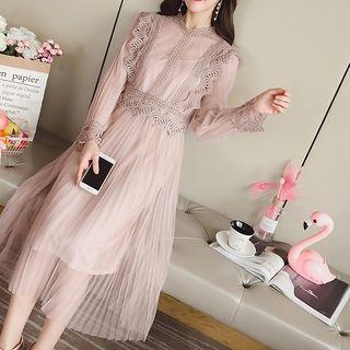 Long-sleeve Crochet Trim Midi Mesh Dress