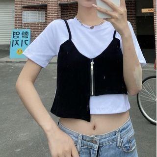 Short-sleeve Mock Two-piece Cropped T-shirt White & Black - One Size