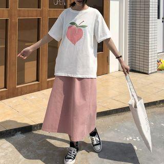 Set Print Short-sleeve T Shirt + High-waist A-line Semi Skirt 2-piece Set