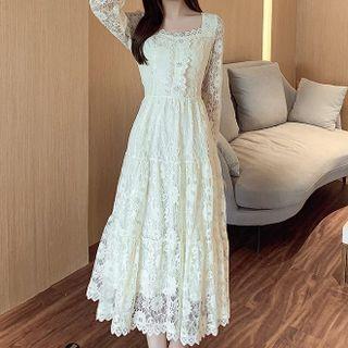 Long-sleeve Square-neck Lace Maxi Dress