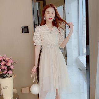 Short-sleeve Lace A-line Midi Dress As Shown In Figure - One Size