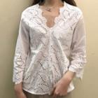 Perforated Embroidered 3/4 Sleeve Top
