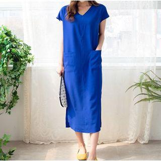 Short-sleeve V-neck Shift Midi Dress