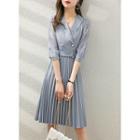 Mock Two-piece Lace-sleeve Double-breasted Dress