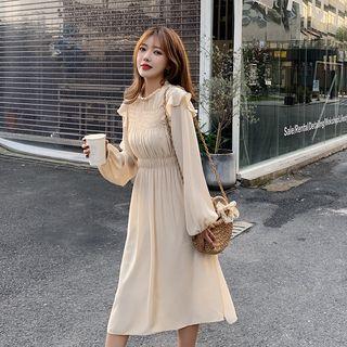 Balloon-sleeve Shirred Ruffled Midi A-line Dress