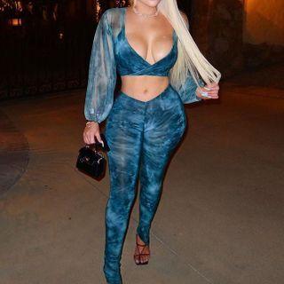 Set: Puff-sleeve Tie Dye Crop Top + Skinny Pants