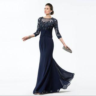 3/4-sleeve Appliqued Sheath Evening Dress