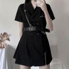 Set: Double-breasted Short-sleeve Mini Collared Dress + Belt