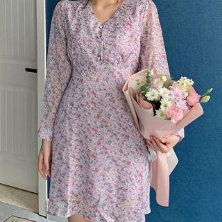 Floral V-neck Lace-up Long-sleeve Dress Purple - One Size