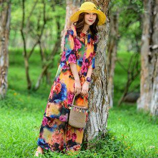 Set: Flower Print Elbow-sleeve T-shirt + Wide-leg Pants