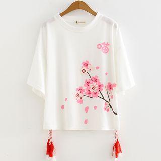 String-accent Printed Elbow-sleeve T-shirt