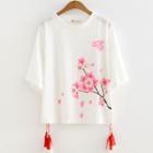 String-accent Printed Elbow-sleeve T-shirt