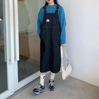 Denim Midi Overall Dress Blue - One Size