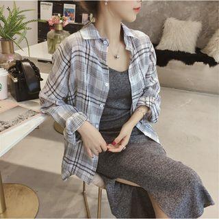 Set: Plaid Shirt + Spaghetti Strap Midi Knit Dress