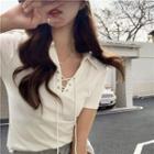 Collar Lace-up Cropped T-shirt