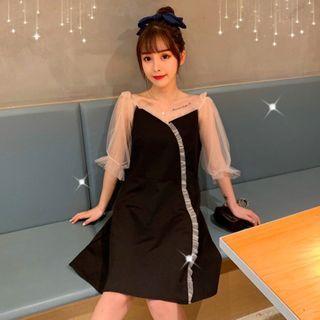 Puff-sleeve Mesh Trim A-line Dress