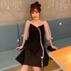Puff-sleeve Mesh Trim A-line Dress
