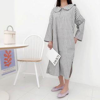 Sailor-collar Gingham Long Dress