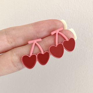 Heart Cherry Alloy Earring 1 Pair - Silver Pin - Red - One Size
