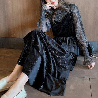 Set: Glitter Long-sleeve Top + Velvet Spaghetti Strap Midi Tiered Dress Black - One Size