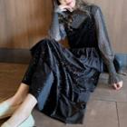 Set: Glitter Long-sleeve Top + Velvet Spaghetti Strap Midi Tiered Dress Black - One Size