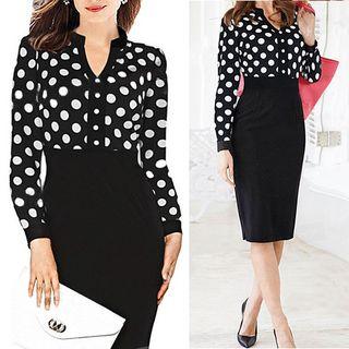 Polka Dot Panel Midi Sheath Dress