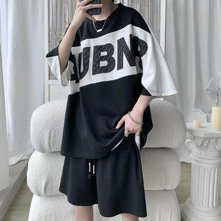 Set: Elbow-sleeve Lettering Two-tone T-shirt + Wide Leg Shorts