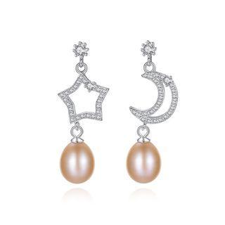 Sterling Silver Fashion And Elegant Star Moon Pink Freshwater Pearl Earrings With Cubic Zirconia Silver - One Size