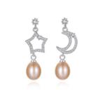 Sterling Silver Fashion And Elegant Star Moon Pink Freshwater Pearl Earrings With Cubic Zirconia Silver - One Size