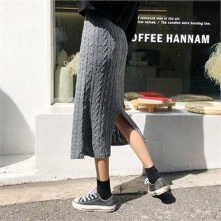 Slit-side Cable-knit Midi Skirt