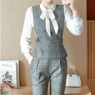 Set: Tie-neck Blouse + Check Vest + Dress Pants