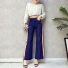 Set : Cropped Long-sleeve Chiffon Top + Wide Leg Jeans