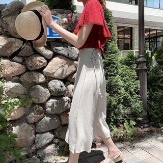 Wrap-front Linen Blend Flare Skirt