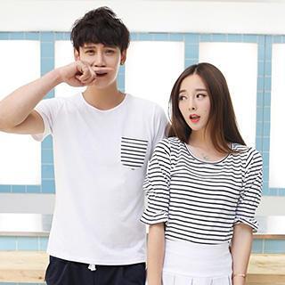 Couple Matching Striped Short Sleeve T-shirt / Pleat Skirt / Men Shorts